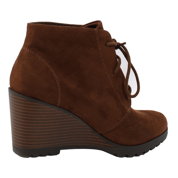 Oak  Faux Suede Lace Up Stacked Wedge Ankle Boo - Picture 5 of 7